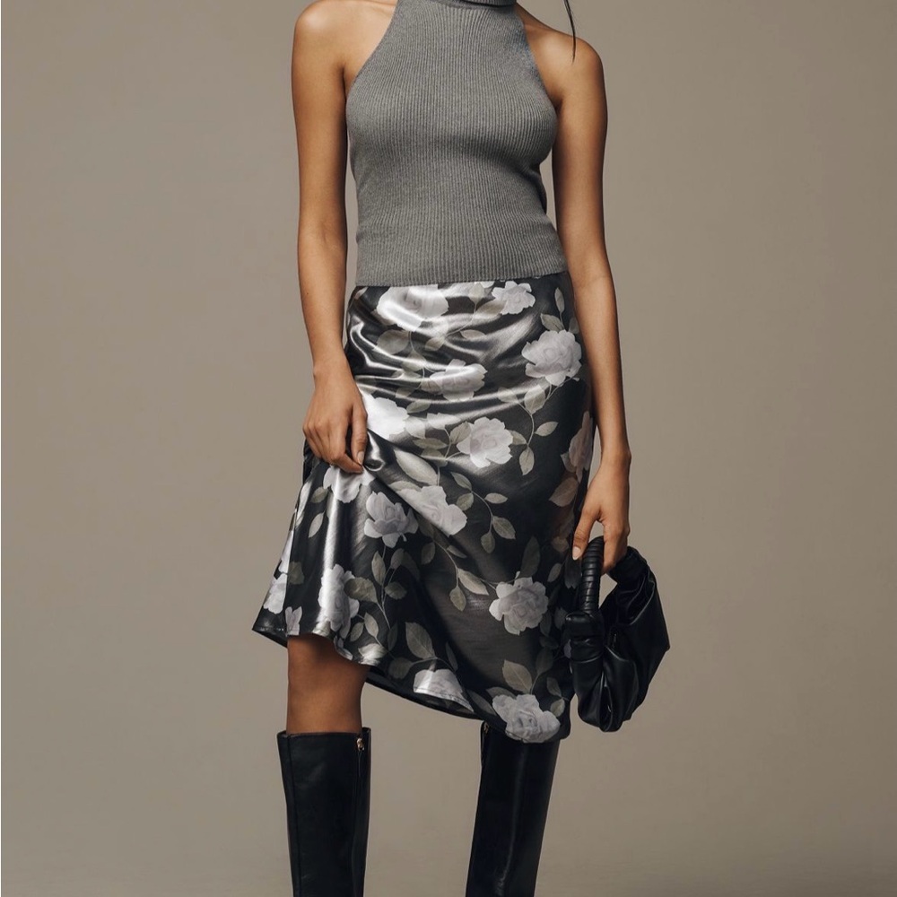 Wayf Floral Satin A-Line Skirt in Black and Silver